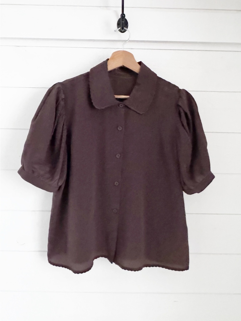 Frame Silk Chocolate Brown Puff Sleeve Button-Up Blouse